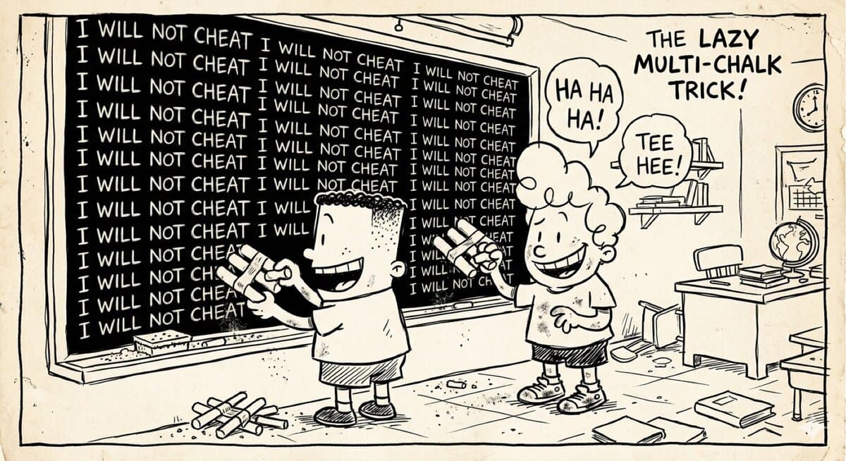 Comic panel: two grinning kids write the same sentence on a chalkboard six lines at a time, using pieces of chalk taped together — the multi-chalk trick.
